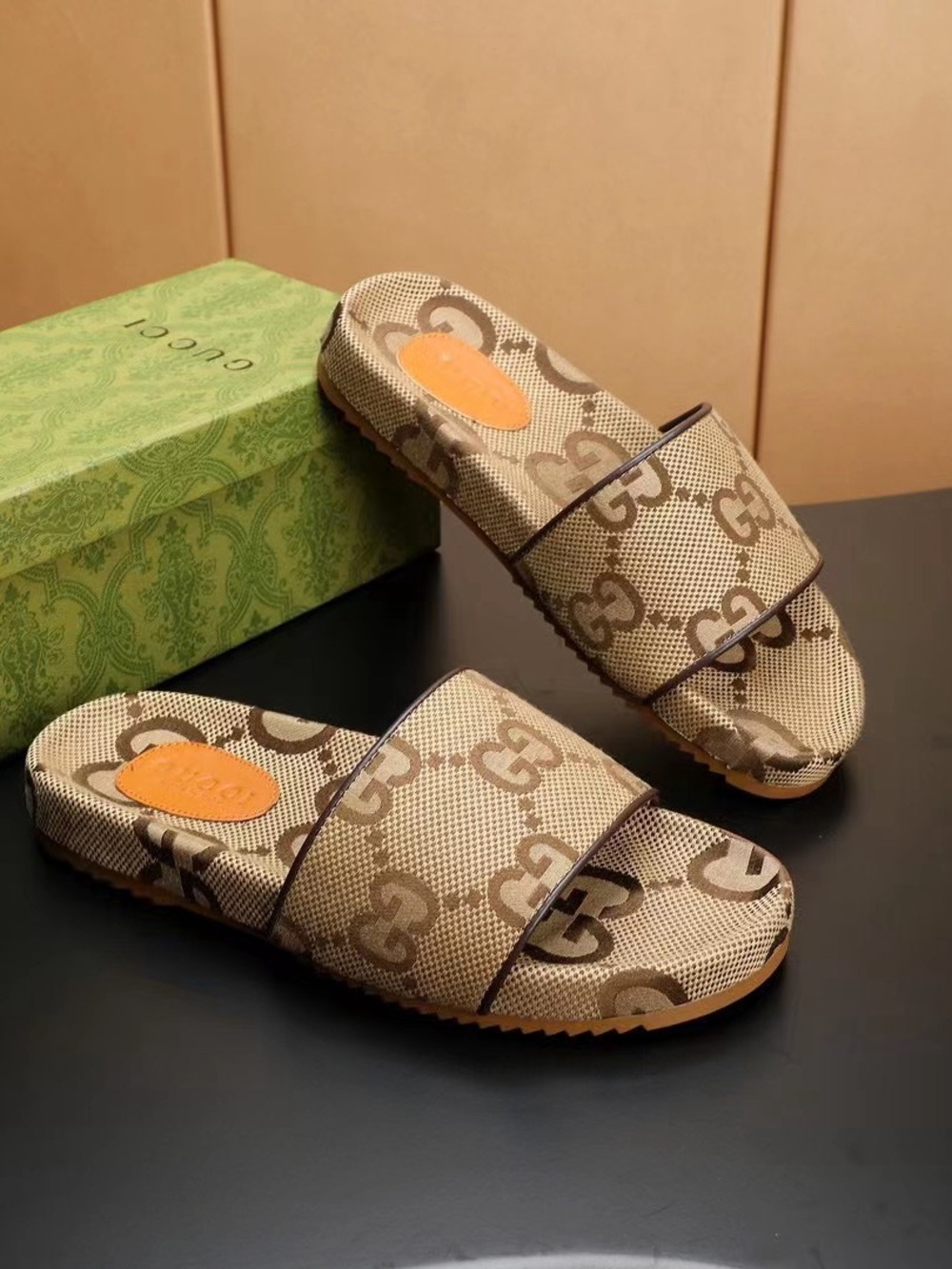 Gucci Beige Brown GG Canvas Slide Sandals - Picture 3 of 6